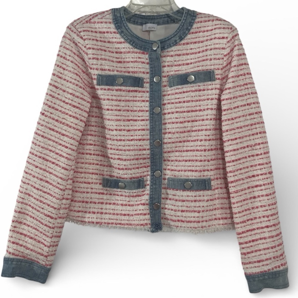 Ecru Denim Trim Tweed Jacket Size Medium Pink White Snap Front